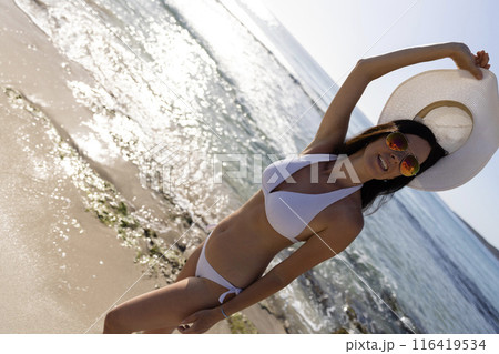 Pretty young sexy woman in bikini posing on a beach in summer on tropic island paradise 116419534
