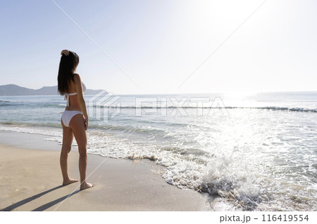 Pretty young sexy woman in bikini posing on a beach in summer on tropic island paradise 116419554
