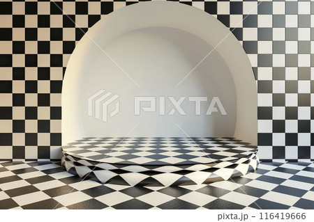 AI-generated item. Black and white checkered room with a round 3d podium. 116419666