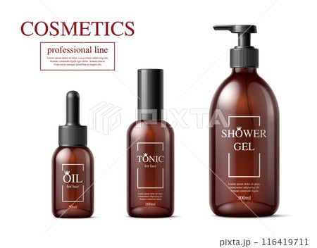 Shower gel, hair oil and face tonic bottles. Cosmetic product package templates. 3d vector set of beauty and skincare brown packaging. Professional cosmetics line for personal care, spa and daily use 116419711