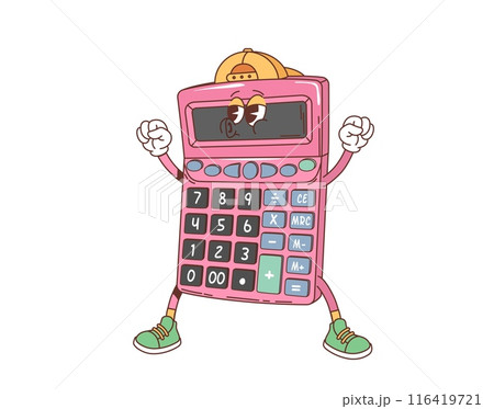 Cartoon retro groovy school calculator character with funky face, vector funny personage. 70s hippie or groovy retro cartoon calculator with happy smile for back to school and student education Cartoon retro groovy school calculator character with funky face, vector funny personage. 70s hippie or groovy retro cartoon calculator with happy smile for back to school and student education 116419721