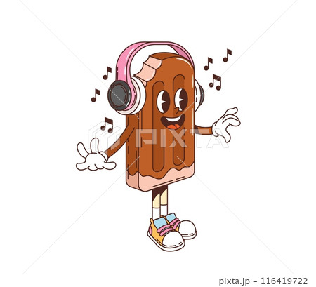 Retro groovy ice cream character with headphones, enjoying music. Isolated cartoon vector popsicle dessert personage with happy joyful expression and sneakers, dancing to musical notes with funky vibe 116419722