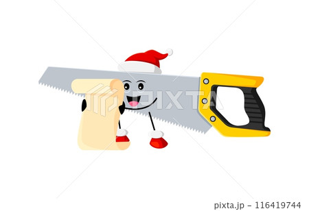 Cartoon Christmas saw diy and repair tool character in Santa hat, holding wish scroll. Isolated vector festive carpentry personage ready to spread holiday cheer with a touch of whimsical craftsmanship 116419744