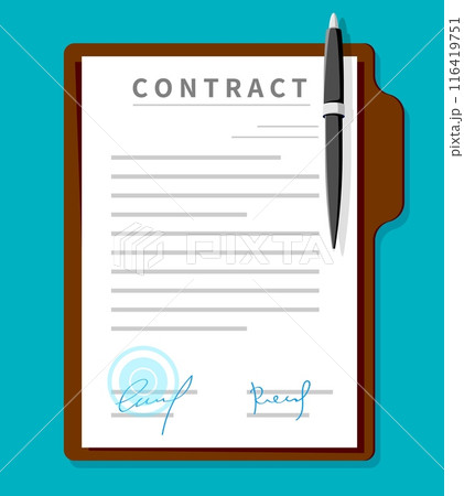 Contract document, vector detailed signed contract on a clipboard with a pen, representing legal agreements, business deals. Official paper contains commitment and formalities in professional setting 116419751