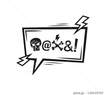 Comic swear speech bubble. Hate angry talk, aggressive expletive curse. Isolated vector intense emotion, frustration, profanity or anger, dialogue cloud with skull and bolts, cuss, rude bully message 116419797