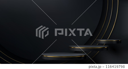 Black podium with golden frames. Realistic 3d vector floating round pedestal mockups. Elegant background with round platforms for promoting cosmetics products. Three elevated stages with gold borders 116419798