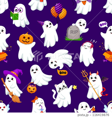Kawaii Halloween ghost characters seamless pattern. Vector holiday tile background with funny baby spooks wear witch hat, holding balloons, saying boo, clutch pumpkin bucket with sweets and broom 116419876