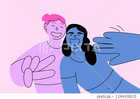 Two happy characters, one pink and one blue, taking selfie together, smiling and waving. Creative vector illustration. Two happy characters, one pink and one blue, taking selfie together, smiling and waving. Creative vector illustration. 116420013