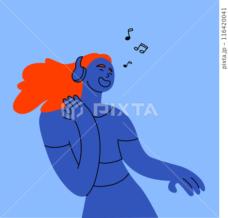 Happy drawn female character walking and listening to music in headphones on blue background. Positive emotions, relaxing sounds. Creative vector illustration. Happy drawn female character walking and listening to music in headphones on blue background. Positive emotions, relaxing sounds. Creative vector illustration. 116420041