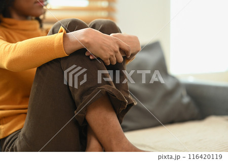 Pensive young woman hugging knees sitting on sofa, feeling lonely desperate Pensive young woman hugging knees sitting on sofa, feeling lonely desperate 116420119