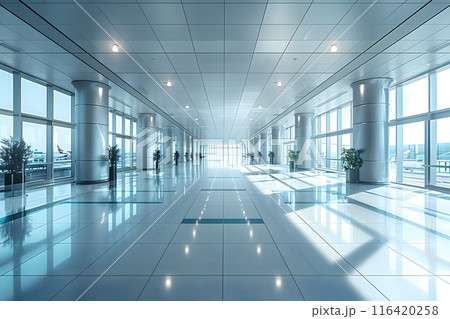 Modern Airport Terminal Interior Design with Spacious Hallway and Large Windows Generative AI 116420258