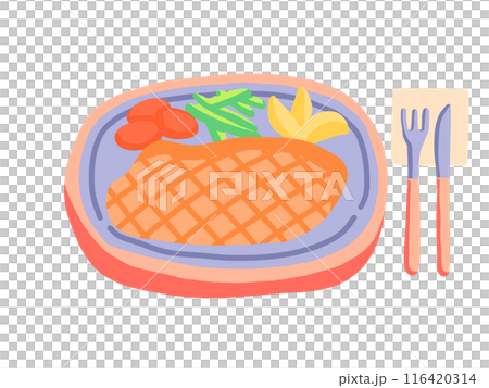 Illustration of beef steak served on a plate with knife and fork Illustration of beef steak served on a plate with knife and fork 116420314