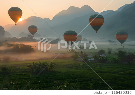 Scenic Hot Air Balloon Sunrise in Misty Mountain Valley - Perfect for Travel Posters or Adventure Designs Generative AI 116420336