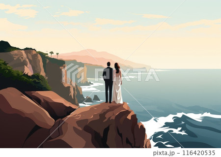 wedding couple stands on cliff by ocean illustration 116420535