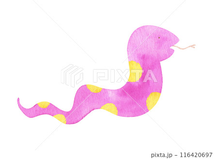 手描きの水彩:楽しことが起こる前触れを表す水玉模様の蛇の夢 歩く可愛いへび_ピンク 手描きの水彩:楽しことが起こる前触れを表す水玉模様の蛇の夢 歩く可愛いへび_ピンク 116420697