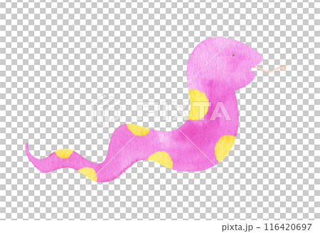 手描きの水彩:楽しことが起こる前触れを表す水玉模様の蛇の夢 歩く可愛いへび_ピンク 手描きの水彩:楽しことが起こる前触れを表す水玉模様の蛇の夢 歩く可愛いへび_ピンク 116420697