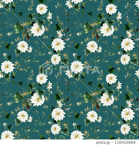 Watercolor floral seamless pattern featuring golden flowers, fern and herbs. Hand-drawn composition of a plant on a blue background. An outdoor illustration for design, printing or fabric background. Watercolor floral seamless pattern featuring golden flowers, fern and herbs. Hand-drawn composition of a plant on a blue background. An outdoor illustration for design, printing or fabric background. 116420869