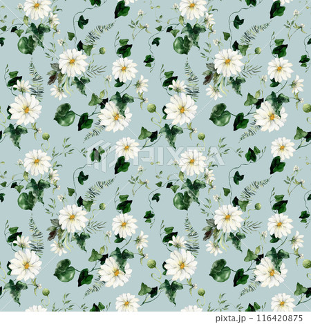 Watercolor floral seamless pattern featuring flowers, buds and herbs. Hand-drawn composition of a plant on a blue background. An outdoor illustration for design, printing or fabric background. Watercolor floral seamless pattern featuring flowers, buds and herbs. Hand-drawn composition of a plant on a blue background. An outdoor illustration for design, printing or fabric background. 116420875