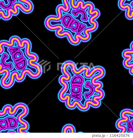 Colorful groovy hippie pattern with geometric shapes on black background 116420876