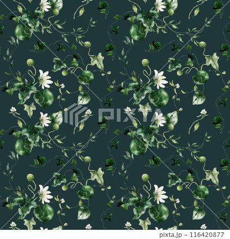 Watercolor floral seamless pattern featuring small flowers, buds and herbs. Hand-drawn composition of a plant on a green background. An outdoor illustration for design, printing or fabric background. Watercolor floral seamless pattern featuring small flowers, buds and herbs. Hand-drawn composition of a plant on a green background. An outdoor illustration for design, printing or fabric background. 116420877