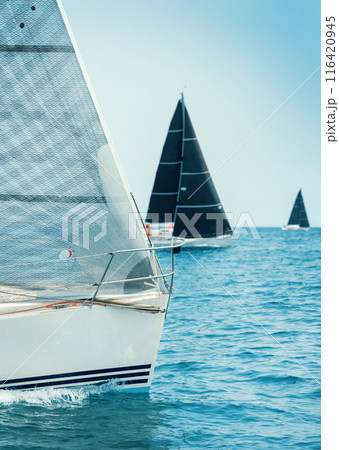 Sailboats races in regatta near Brindisi under blue cloudless sky. Boats have white and black sails Sailboats races in regatta near Brindisi under blue cloudless sky. Boats have white and black sails 116420945