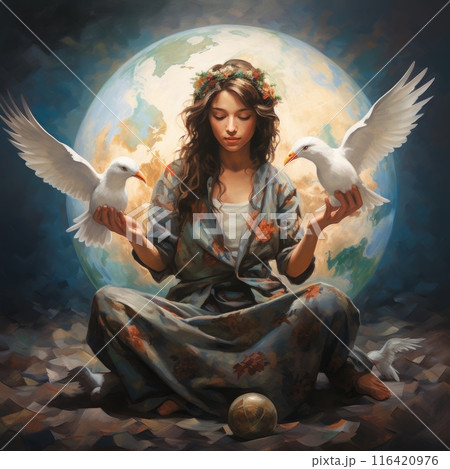 Enchanting Portrait of a Lady Embraced by Doves, Dancing under the Moonlight in a Magical Garden 116420976