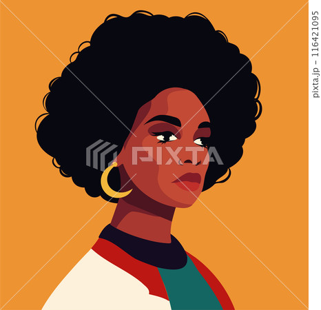 Portrait of a beautiful woman. Avatar for social networks. Bright vector illustration in flat style. Beautiful afro black girl in bright clothes with beautiful hair on a yellow background. 116421095