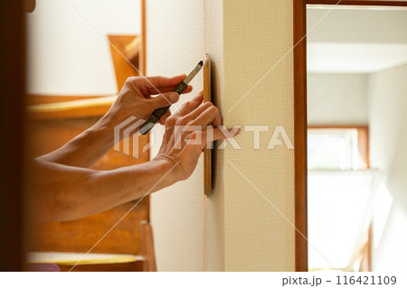 中古住宅の壁紙クロスを貼る職人 116421109