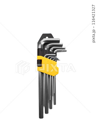 Set of hex imbus keys made of durable steel with tempering on a white background Set of hex imbus keys made of durable steel with tempering on a white background 116421327