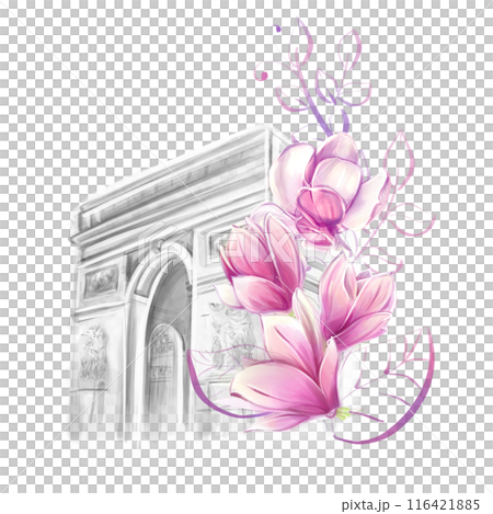 Arc de Triomphe in Paris in spring romantic style with magnolias, watercolour. Tourism, sights and architecture of Paris, clipart for design of cards, invitations, posters, banners 116421885