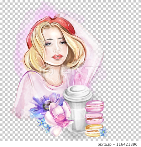 Watercolor illustration of a blonde woman in a red beret with coffee and macarons. French breakfast, bakery. Romantic trip to France, clipart for banner design, postcard, invitation 116421890