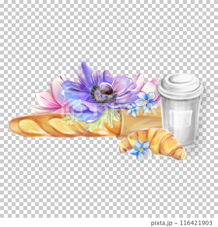 French baguette, croissant and coffee. Watercolor illustration. Logo for a bakery French baguette, croissant and coffee. Watercolor illustration. Logo for a bakery 116421903