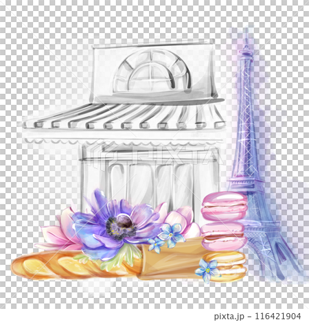 French bakery, pastry shop, macaroons. Parisian cafe. Watercolor illustration. Logo, clipart for design of flyers, website, banner, postcards, invitations 116421904