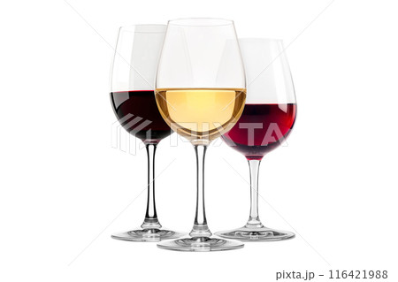 Set of red and white wine glasses isolated on white background. Rose wine splashing in glassware. Set of red and white wine glasses isolated on white background. Rose wine splashing in glassware. 116421988