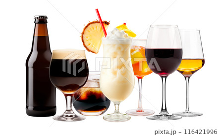 Set and collection of classic alcohol cocktails, beer and mocktail isolated on white background with fresh summer fruits 116421996