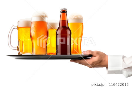 Waiter hand holding metal tray with set of Beer glasses and bottles on a white background. 116422013