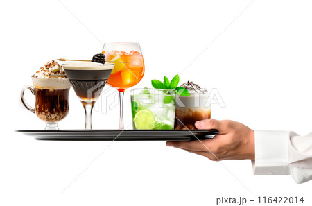Waiter hand holding metal tray with collection of cocktails, beer and mocktail on white background with summer fruits 116422014
