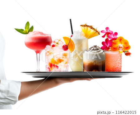 Waiter hand holding metal tray with collection of cocktails, beer and mocktail on white background with summer fruits 116422015