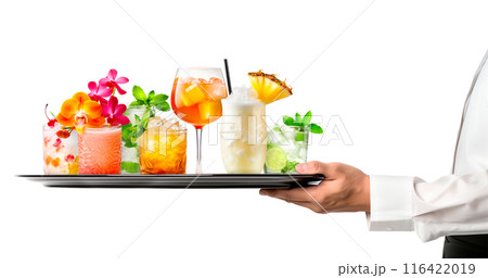 Waiter hand holding metal tray with collection of cocktails, beer and mocktail on white background with summer fruits 116422019
