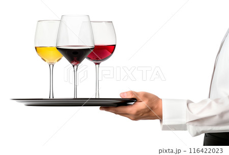 Waiter hand holding metal tray with set of red and white wine glasses isolated on white background Waiter hand holding metal tray with set of red and white wine glasses isolated on white background 116422023