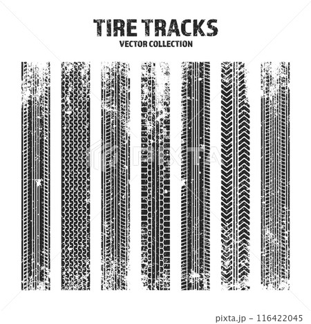 Grunge tire tracks, wheel braking marks. Truck, car or motorcycle tread pattern silhouettes. Auto race, motorsport, speed racing design element. Vector illustration 116422045