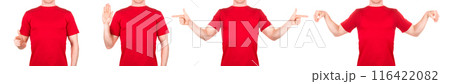 Man in red t-shirt showing or holding something in his arm on white background Man in red t-shirt showing or holding something in his arm on white background 116422082