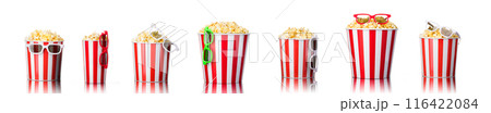 Paper striped bucket with popcorn and 3D glasses isolated on white background Paper striped bucket with popcorn and 3D glasses isolated on white background 116422084