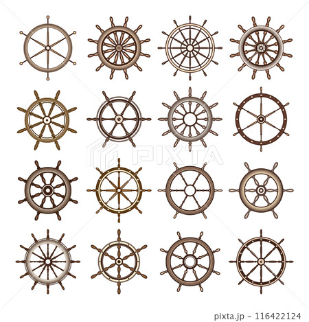 Wooden vintage steering wheels. Ship, sailboat or yacht retro wheel symbol. Brown nautical rudder icon. Marine logotype design element. Vector illustration 116422124