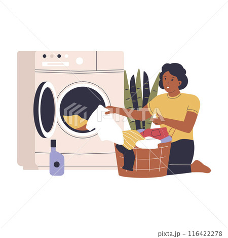 Flat design of woman washing dirty clothes using a machine 116422278