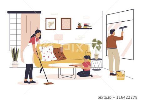 Flat design of family cleaning house together 116422279