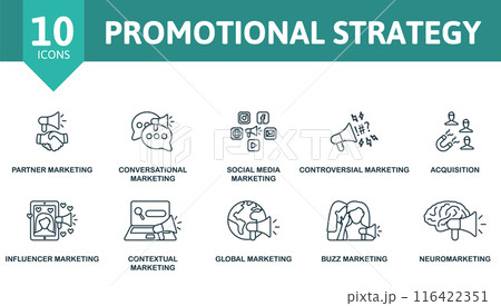 Promotional Strategy thin line icon set. Partner Marketing, Conversational, Social Media, Controversial, Acquisition, Influencer, Contextual, Global Marketing, Buzz Marketing, Neuromarketing icons. Promotional Strategy thin line icon set. Partner Marketing, Conversational, Social Media, Controversial, Acquisition, Influencer, Contextual, Global Marketing, Buzz Marketing, Neuromarketing icons. 116422351