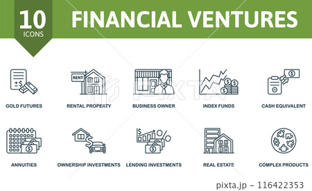 Financial Ventures thin line icon set. Gold Futures, Rental Property, Business Owner, Index Funds, Cash Equivalent, Annuities, Ownership Investments, Lending Investments, Real Estate, Complex Products Financial Ventures thin line icon set. Gold Futures, Rental Property, Business Owner, Index Funds, Cash Equivalent, Annuities, Ownership Investments, Lending Investments, Real Estate, Complex Products 116422353