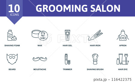 Grooming Salon thin line icon set. Shaving Foam, Wax, Hair Gel, Hair Iron, Apron, Beard, Moustache, Trimmer, Shaving Brush Hair Dye icons. Grooming Salon thin line icon set. Shaving Foam, Wax, Hair Gel, Hair Iron, Apron, Beard, Moustache, Trimmer, Shaving Brush Hair Dye icons. 116422375