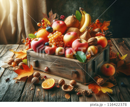 Wooden box with autumn vegetables on a wooden background, rustic style. Harvest concept 116422378